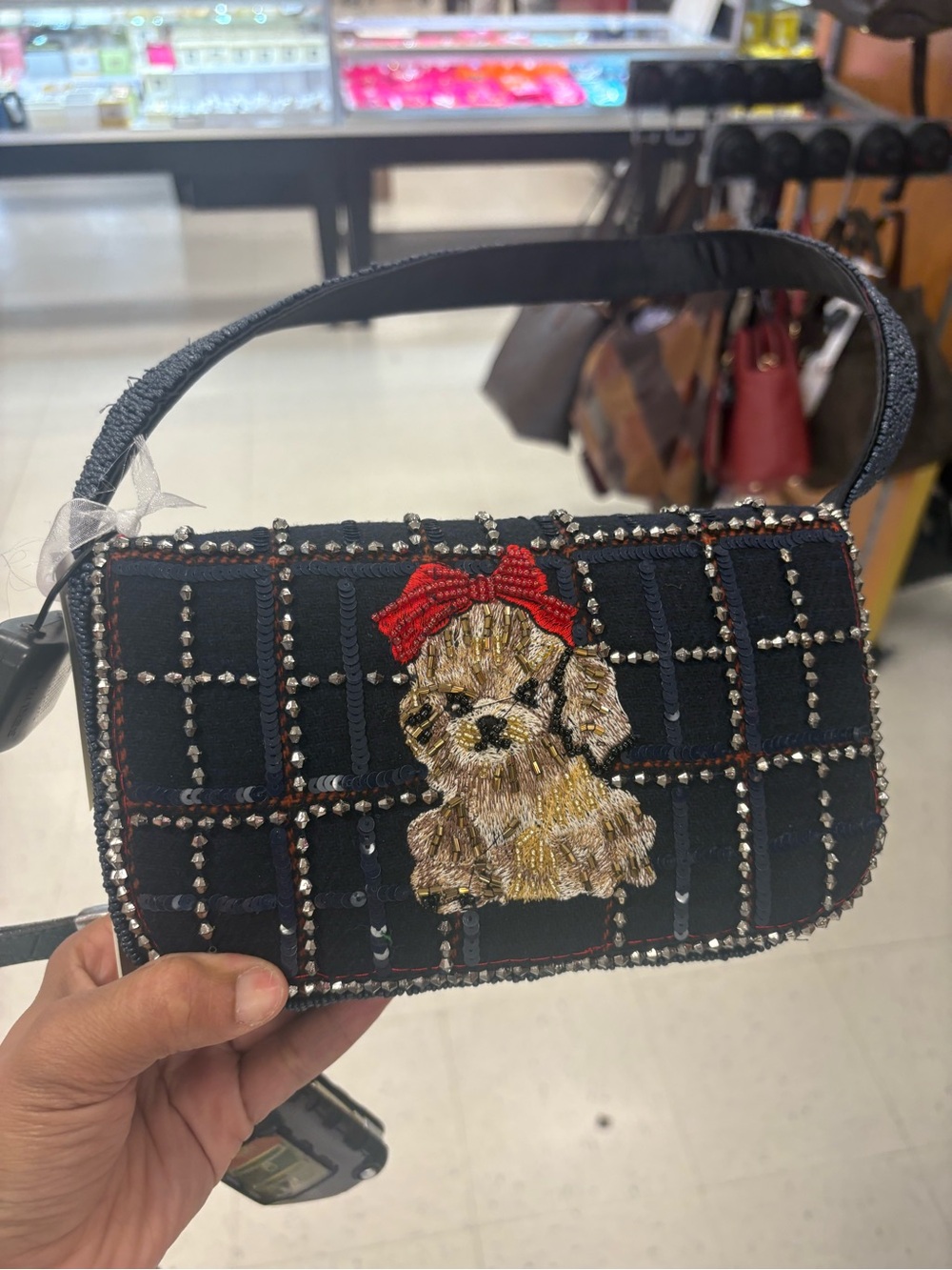 Black Embellished Dog Appliqué Shoulder Bag